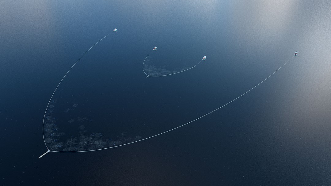 Rendering of System 002 compared with System 03. System 03 is 3 times the size of System 002. Photo: The Ocean Cleanup. 