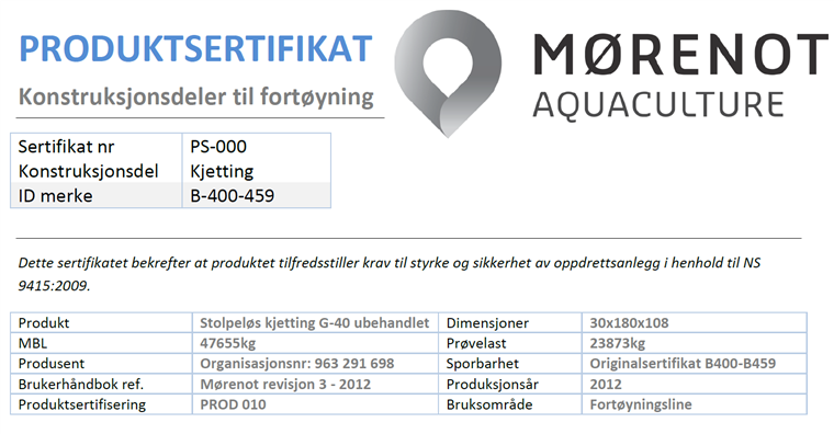 Utdrag fra produktsertifikat
